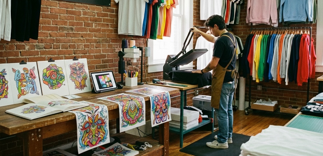 Custom t-shirt printing workspace
